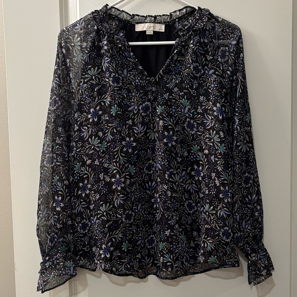 LOFT Black and Blue Floral Blouse